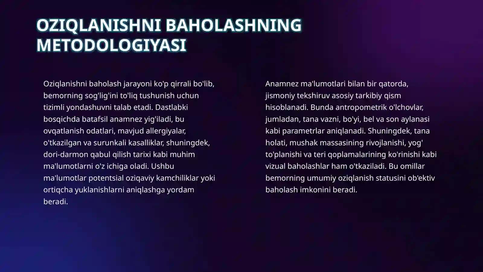 Oziqlanishni baholash. Bolalar ovqatlanish tamoillari . 4