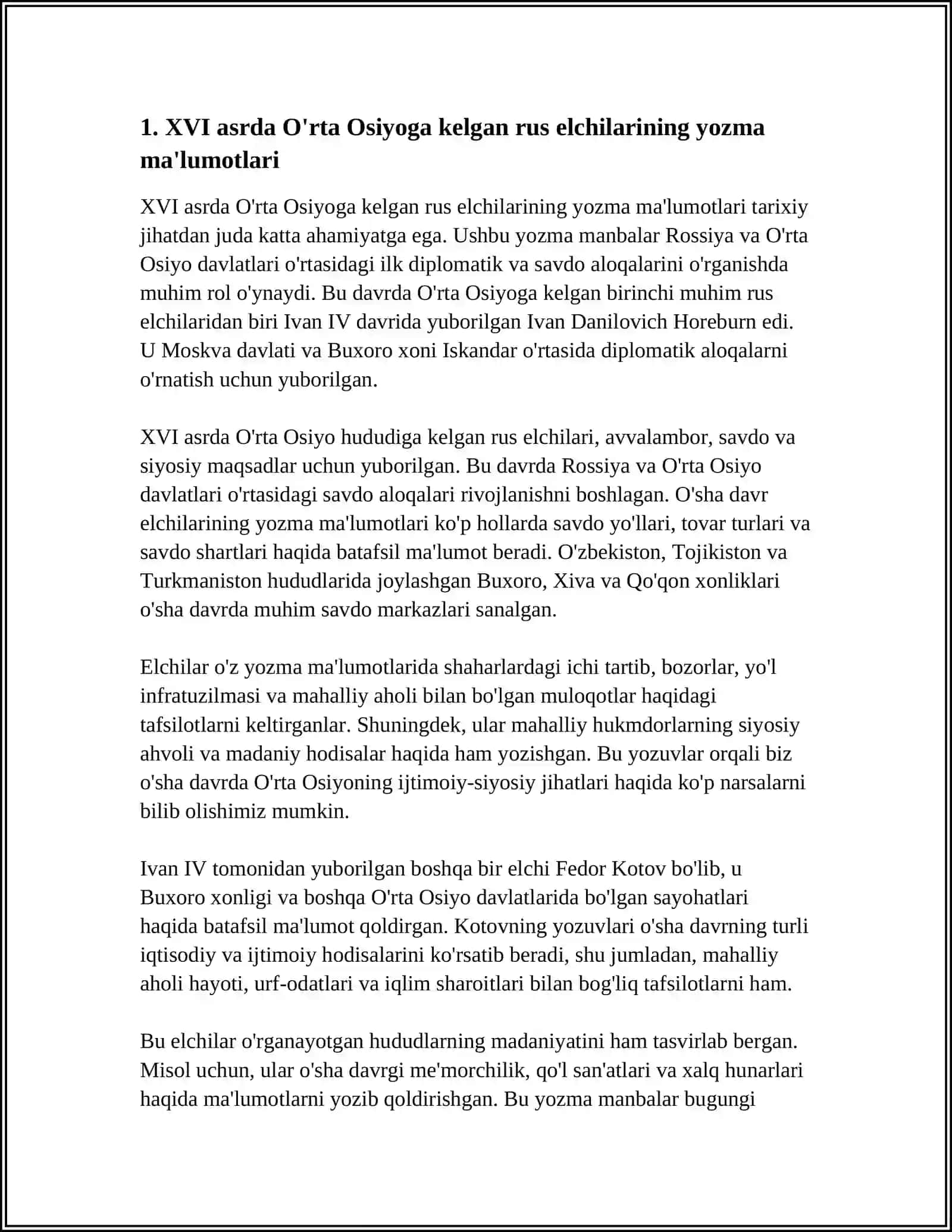 XVI-XIX ASRNING BIRINCHI YARMIDA O'RTA OSIYOGA KELGAN RUS ELCHILARI YOZMA MALUMOTI VA AXBOROTLARINING TARIXSHUNOSLIGI 4