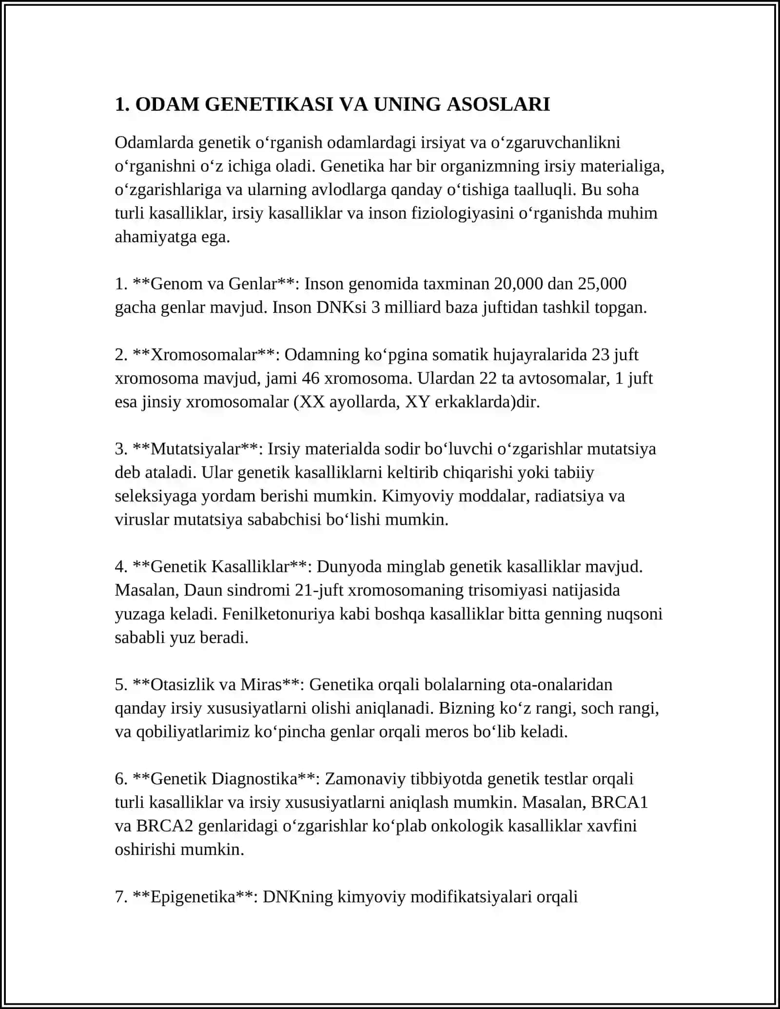 ODAM GENETIKASI VA UNING UZIGA XOS TAMONLARI.GENEALOGIK USUL. IRSIYLANISH HILLARI. ODAMLARDA YAXSHI O’RGANILGAN DOMINANT VA RESESSIV BELGILAR 4
