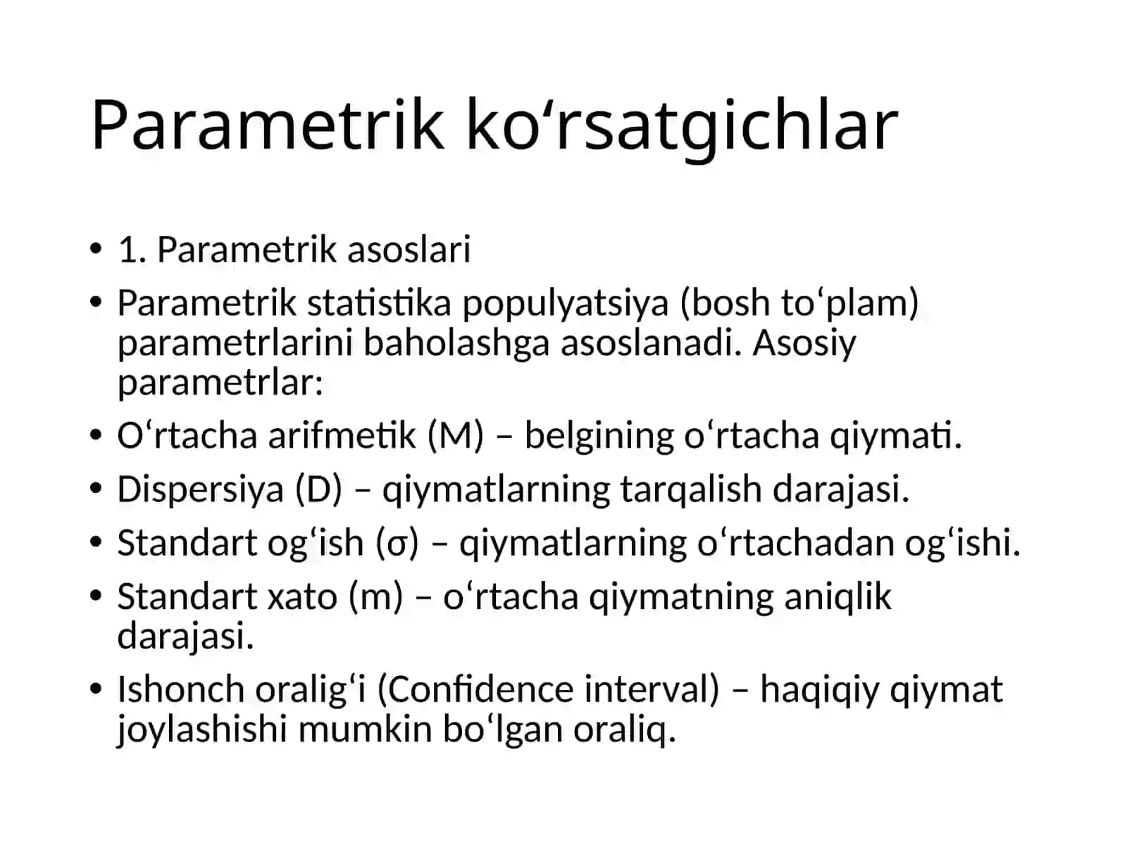 Statistika tadqiqot natijalarini haqqoniyligini baholash parametrik asoslari va usullari 4