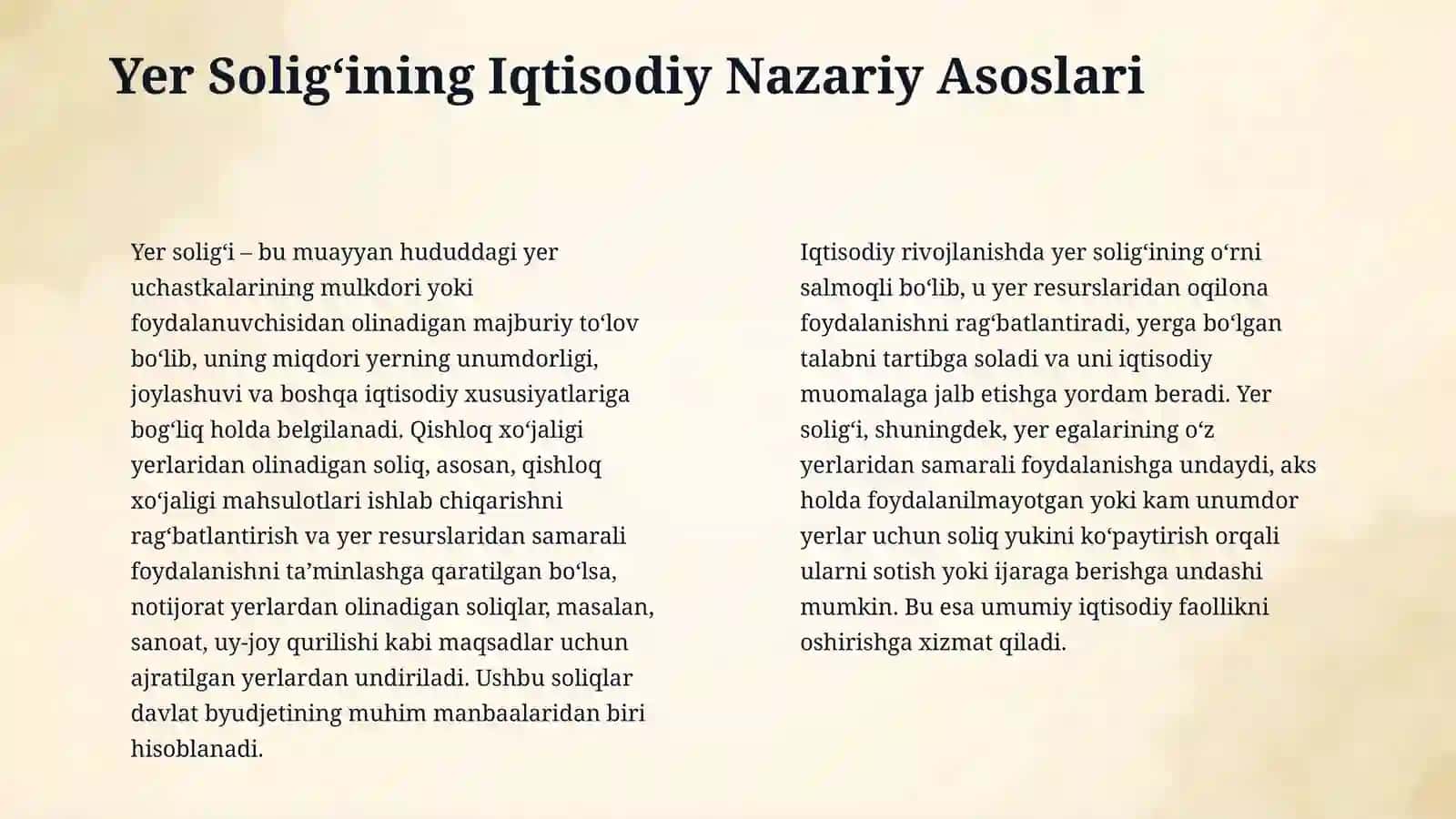 Oʻzbekiston Respublikasi soliq tizimiga yer soligʻining joriy etilishi va uning iqtisodiy mohiyati 4