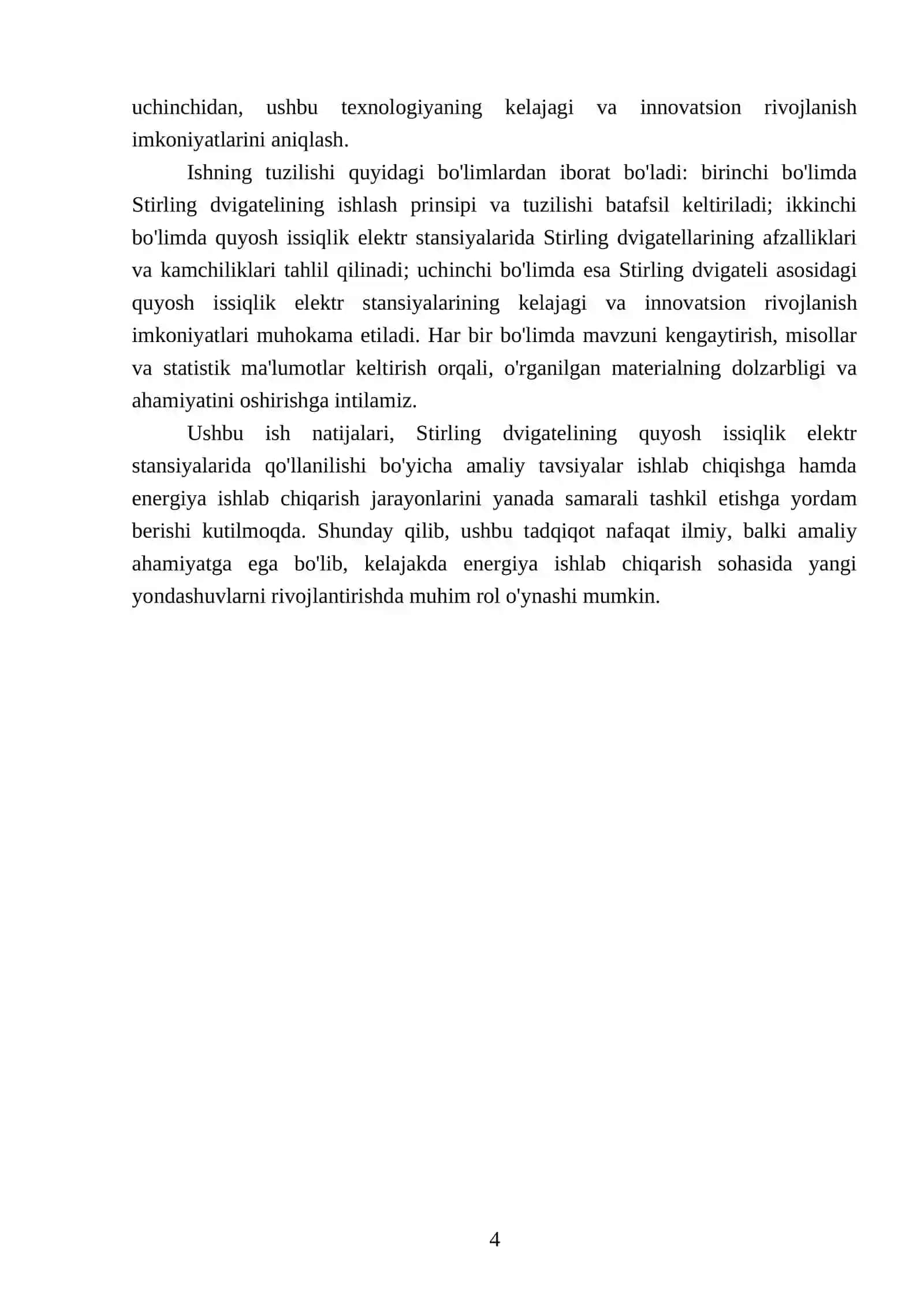 Stirling" dvigateli asosidagi quyosh issiqlik elektr stansiyasi QIES 4