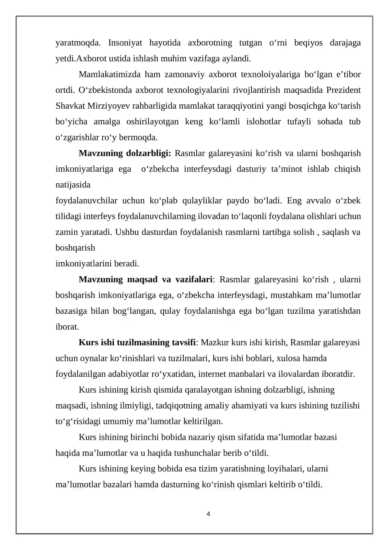 Rasmlar galareyasini ko’rish va ularni boshqarish imkoniyatlariga ega  o’zbekcha interfeysdagi dasturiy ta’minot ishlab 4