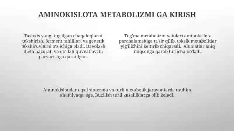 Aminokislotalar almashinuvi buzilishi etiopayogenezi morfologiyasi 4