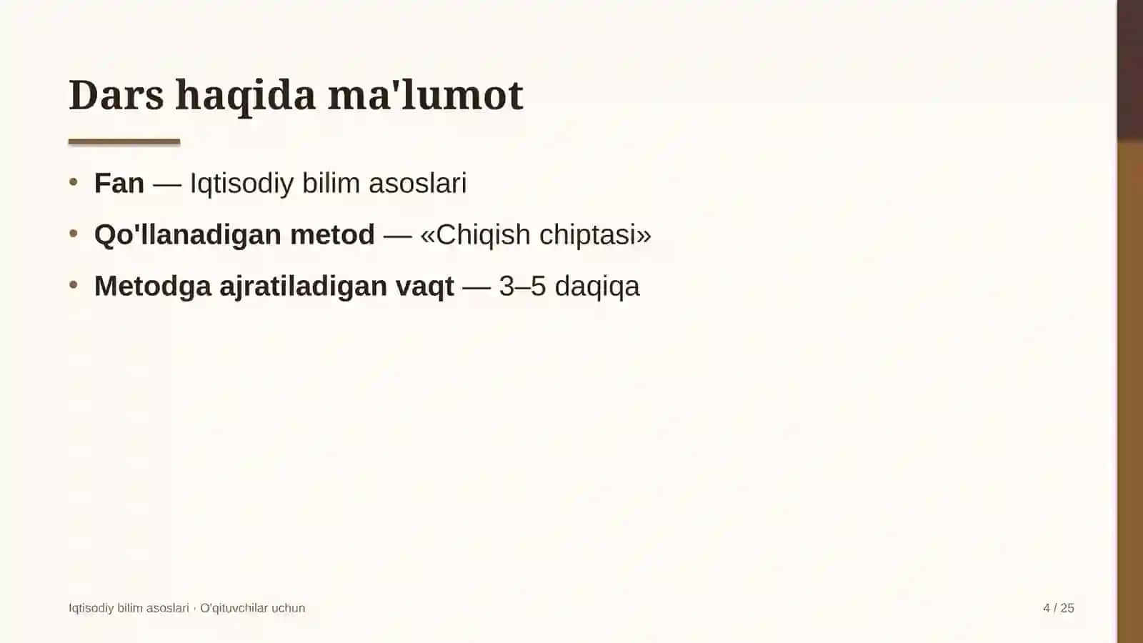 iqtisodiy bilim asoslari darslarida chiqish chiptasi metodidan foydalanish 9244 4