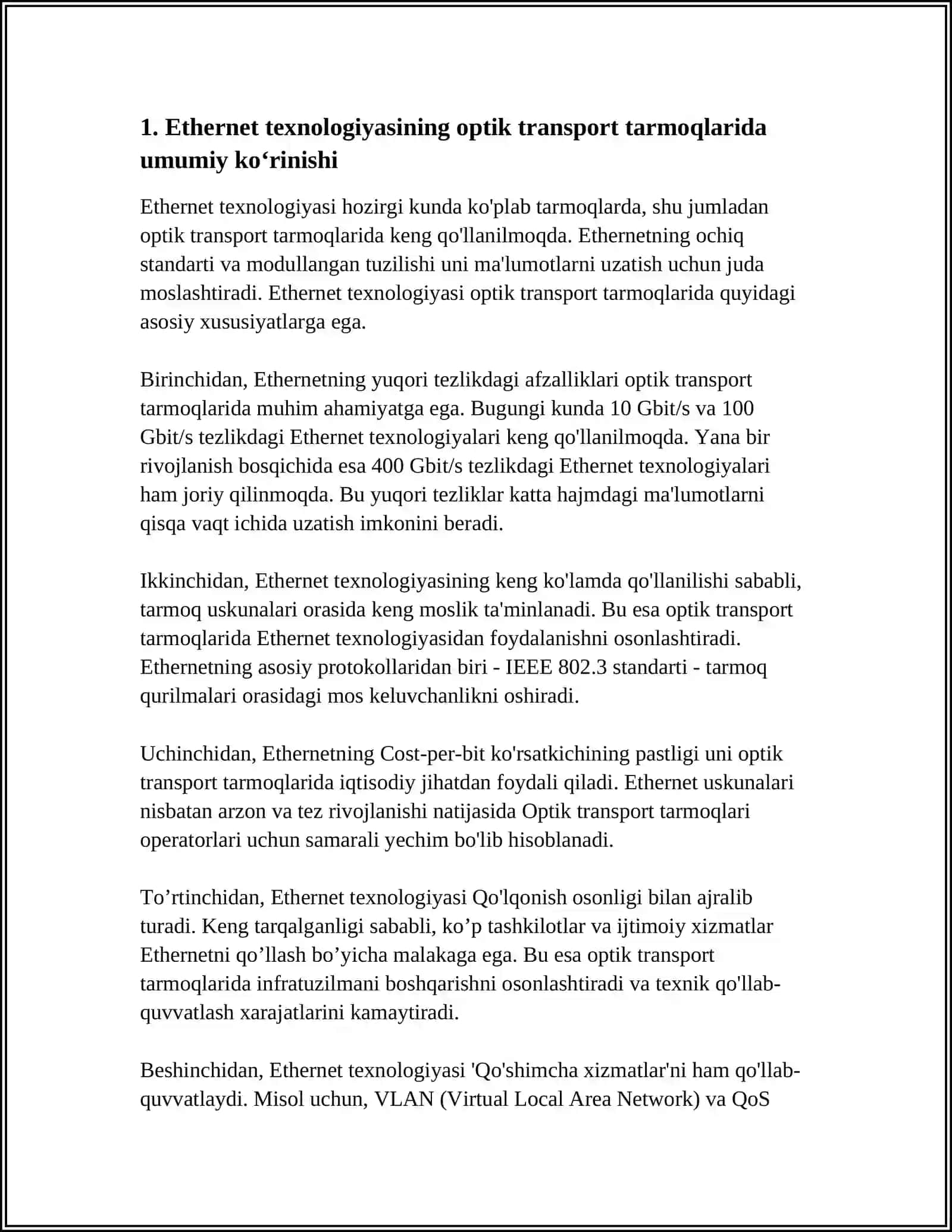 OPTIK TRANSPORT TARMOQLARIDA ETHERNET TEXNOLOGIYASINING QO‘LLANILISHI 4