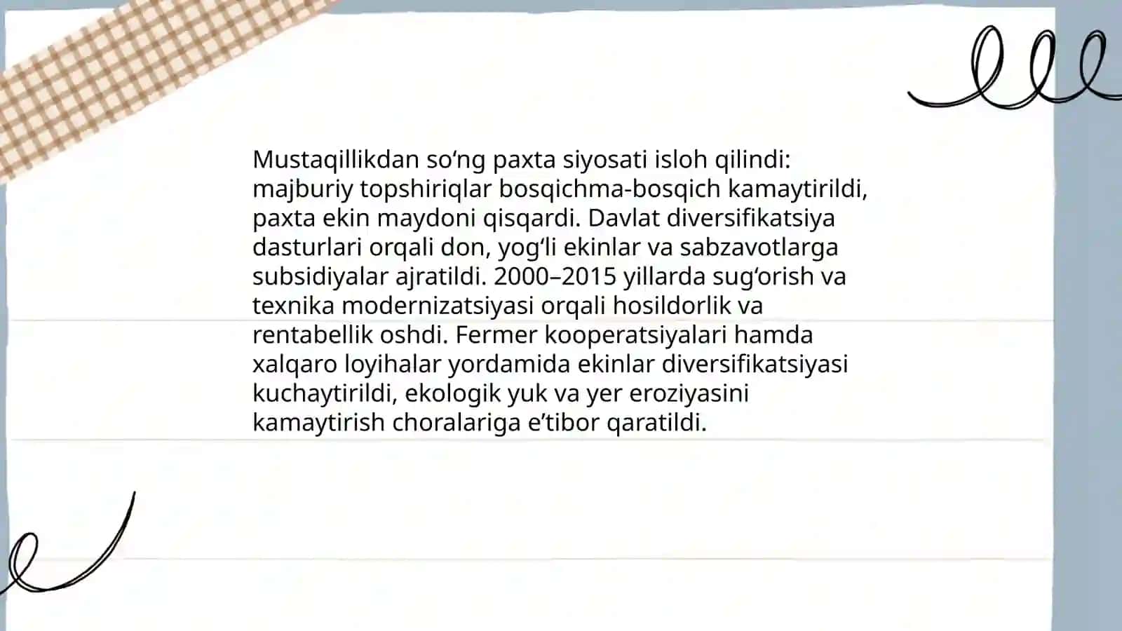 Mustaqillik yillarida qishloq xujaligi va sanoat sohasidagi o‘zgarishlar 4
