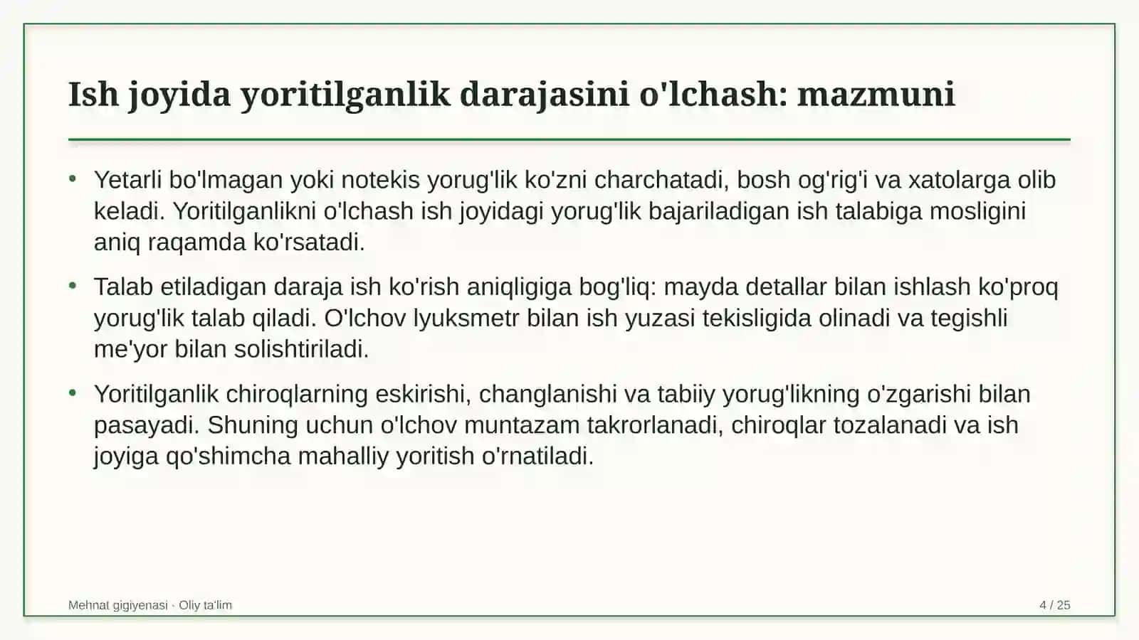 Kabel ishlab chiqarishda ish joyida yoritilganlik darajasini o'lchash 4