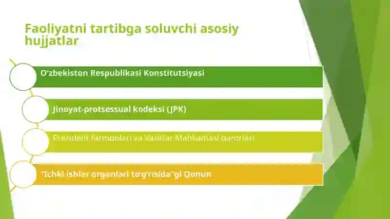 IIB huzuridagi tergov organlari faoliyatining huquqiy asoslari hamtergovchilarning kasbodo bi va axloq qoidalari 4