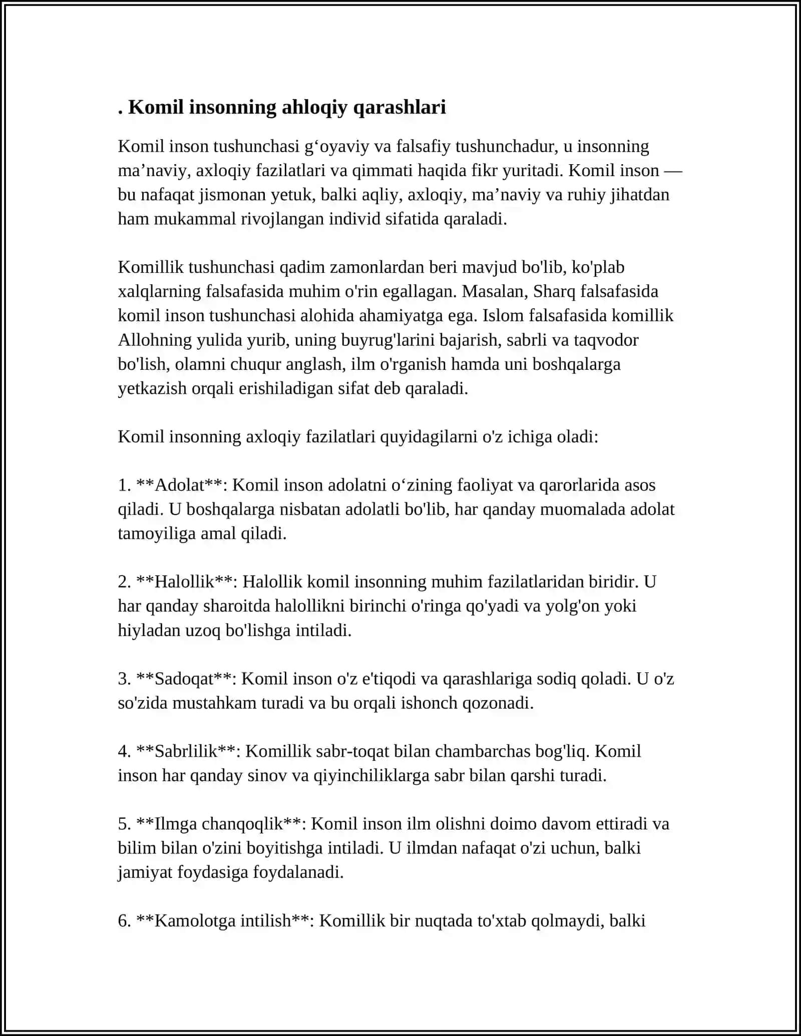 ABDULLA AVLONIYNING KOMIL INSON HAQIDAGI QARASHLARI MAVZUSIDA ESSE TAYYORLASH ISLOMDA INSON HUQUQ VA ERKINLIKLARINI TA’MINLANISHINING O’ZIGA XOS JIHATLARI MAVZUSIDA 10 TA KAZUS SAVOL TAYYORLASH 4