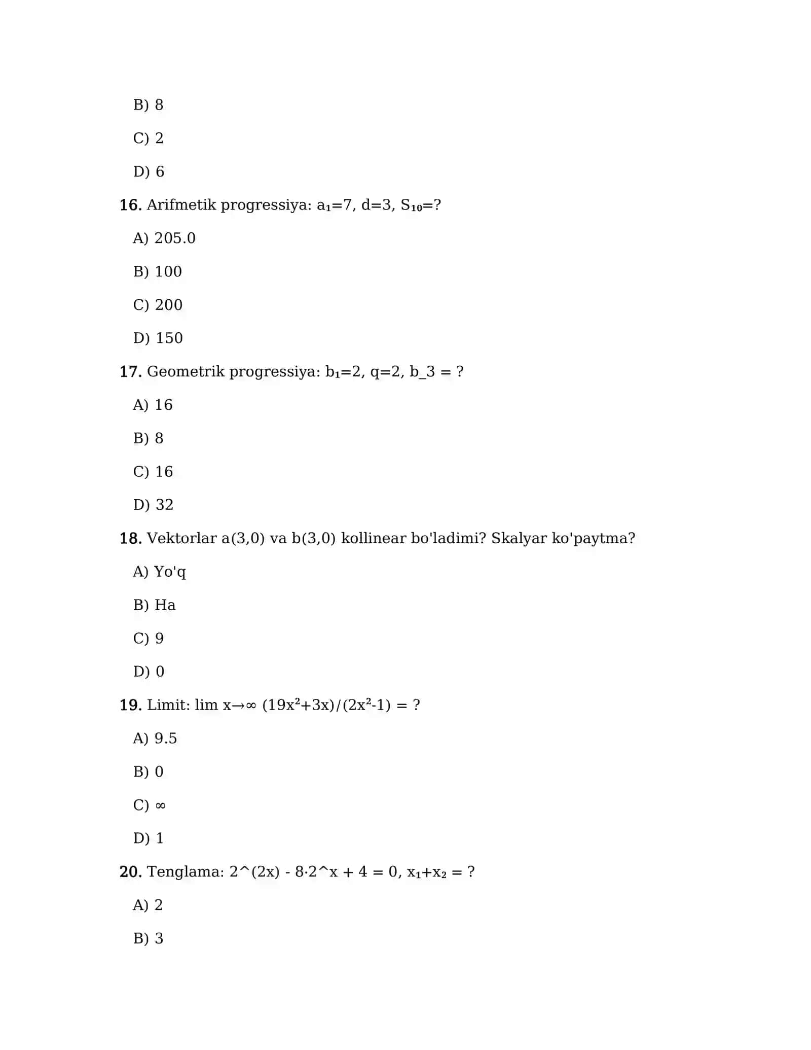 DTM 2026 • MATEMATIKA ASOSIY • 100 TA SAVOL 4