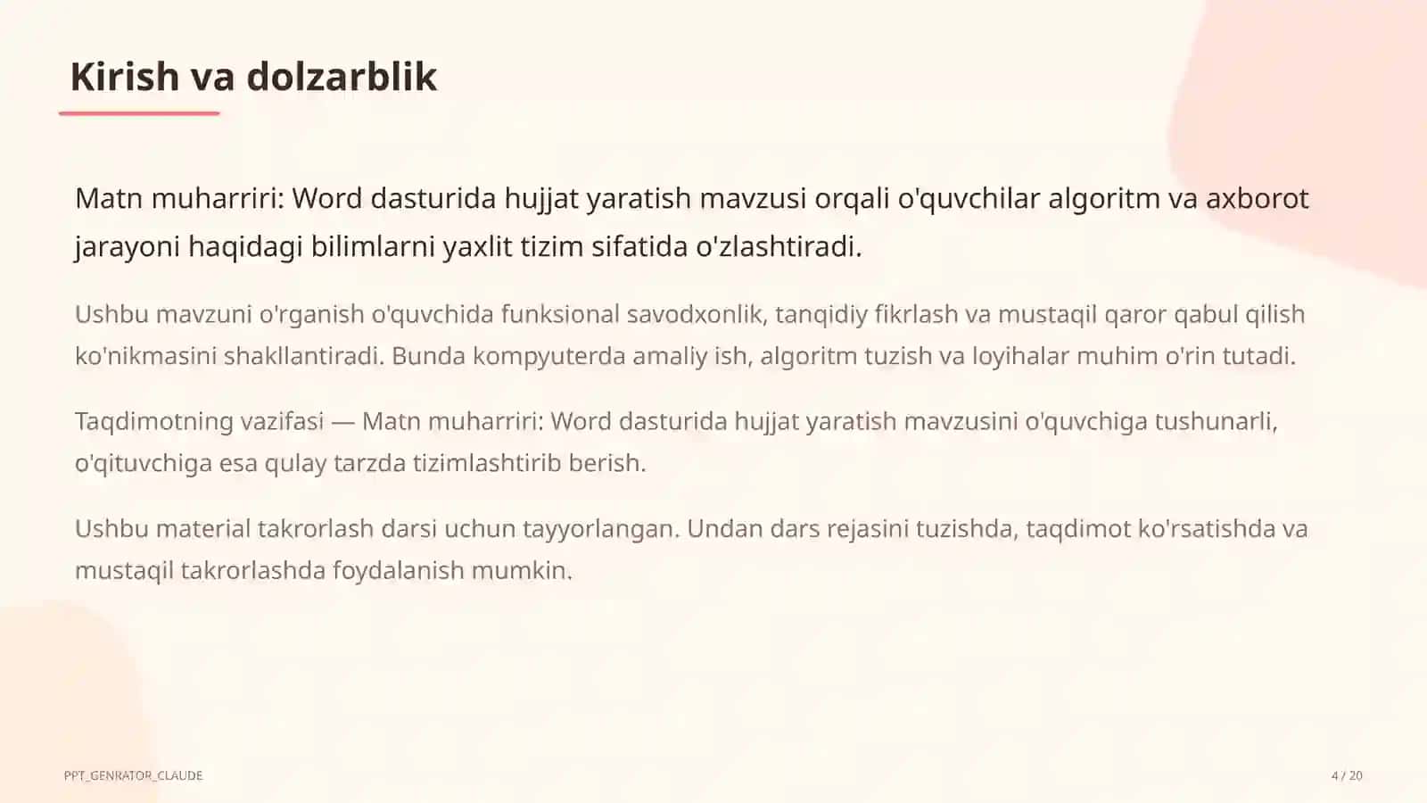 Matn muharriri: Word dasturida hujjat yaratish (6-sinf) 4