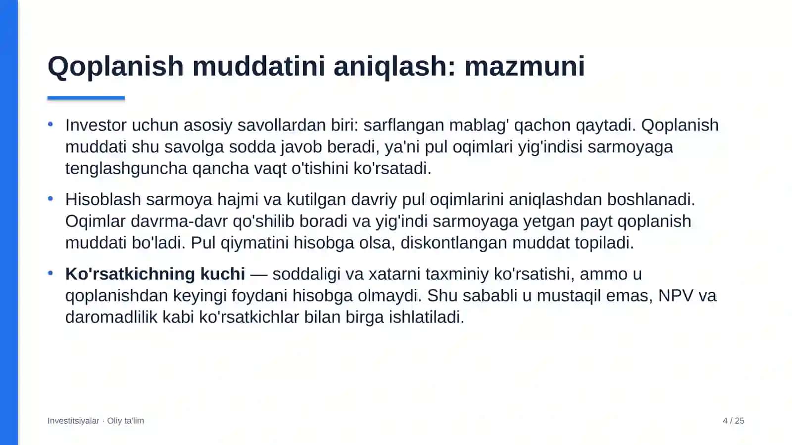 Ehtiyot qismlar do'konlarida investitsiyalarning qoplanish muddatini aniqlash 4
