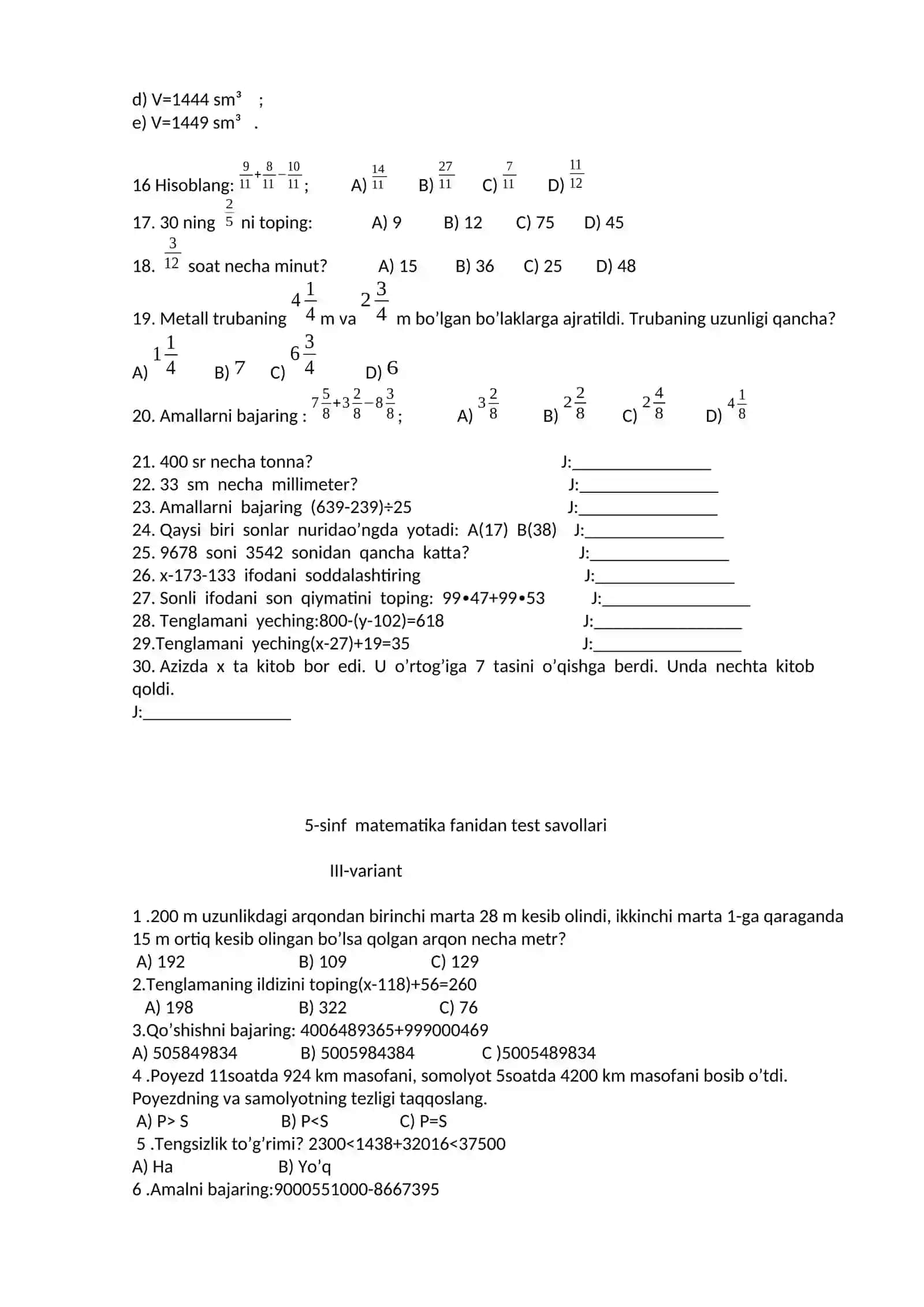 5-sinf Matematika fanidan testlar 4