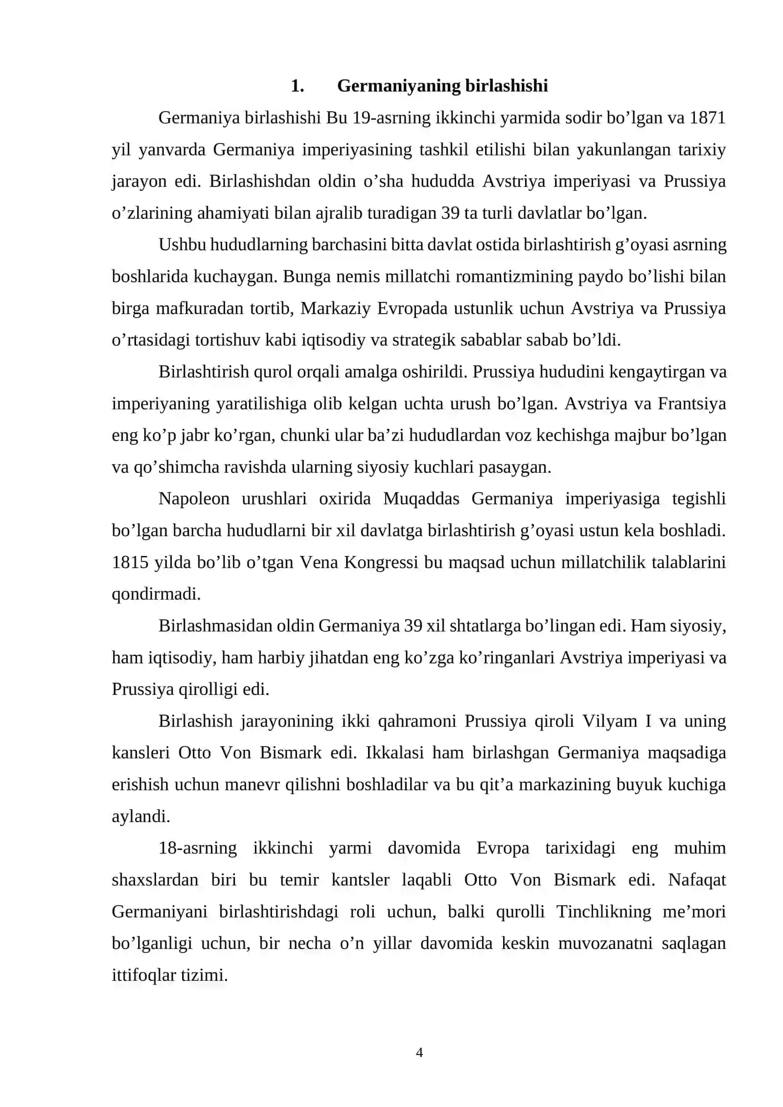 Germaniya imperiyasining vujudga kelishi va ushbu jarayonda O.Bismarkning tutgan o‘rni 4