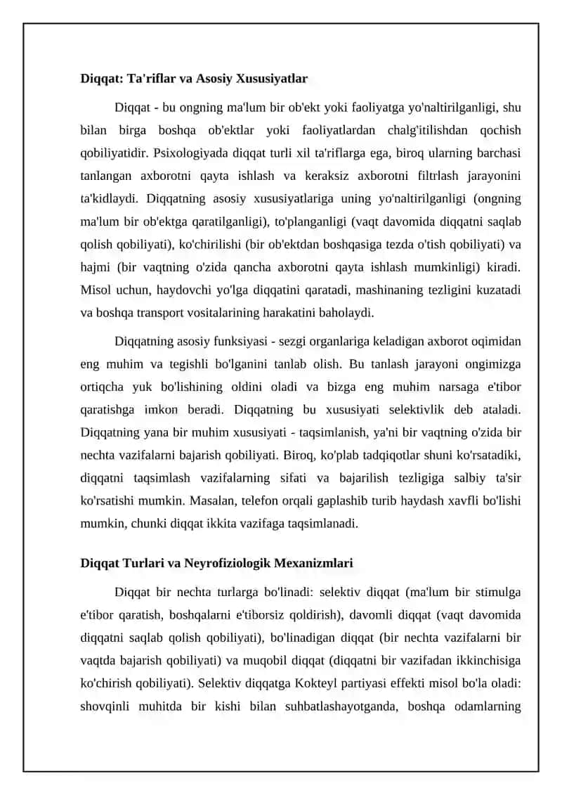 Diqqatning ta'rifi, turlari va neyrofiziologik asoslari 4