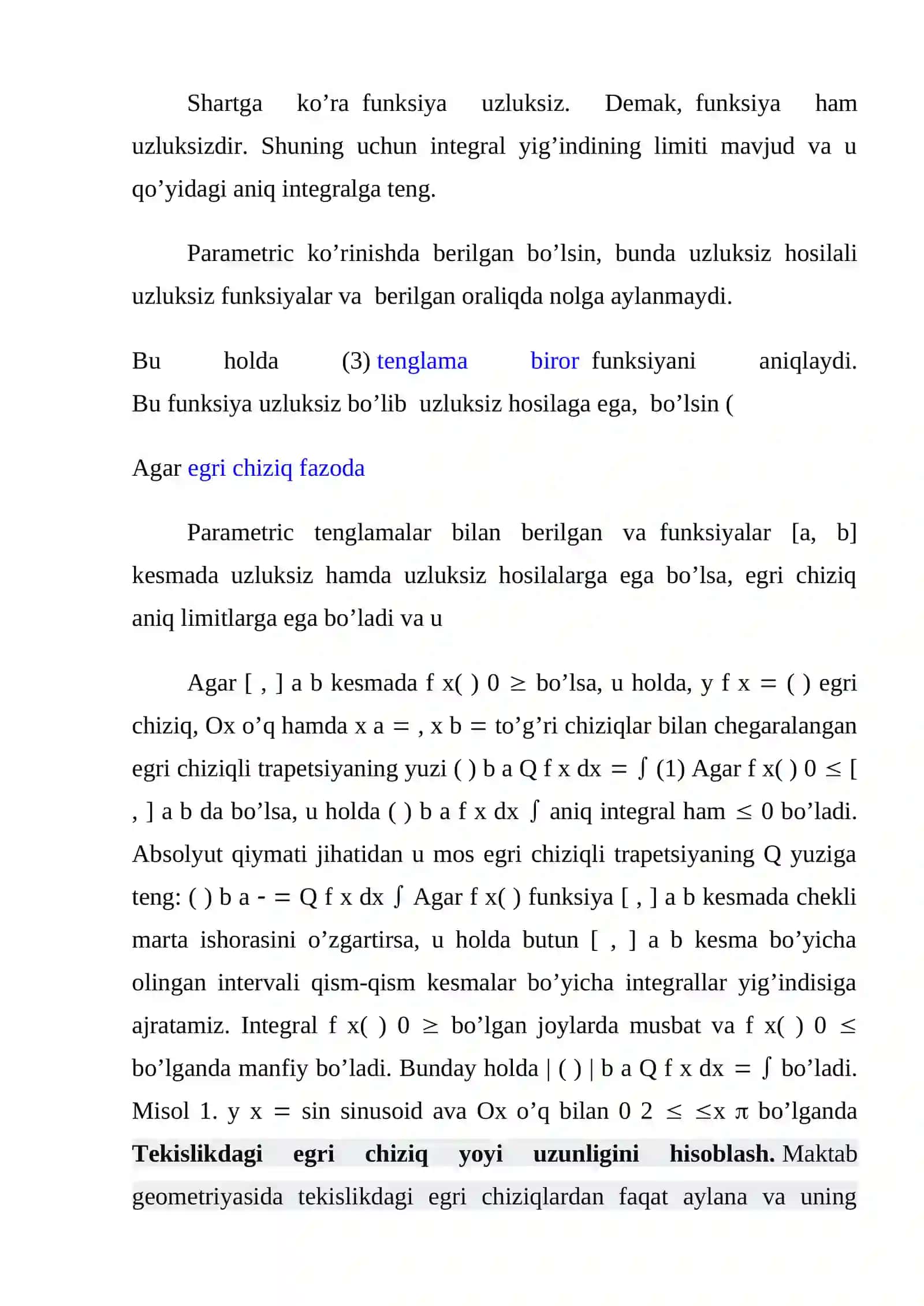 Aniq integralning tadbiqlari (Yassi shaklning yuzasi.Egri chiziq yoyi uzunligi, Hajmlarni hisoblash) 4