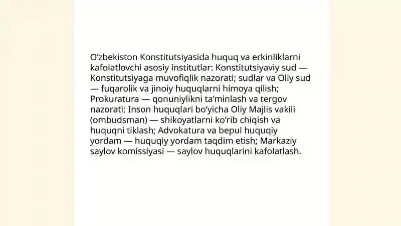 O'zbekiston Konstitutsiyasida huquq va erkinliklarni kafolatlovchi institutlar 4