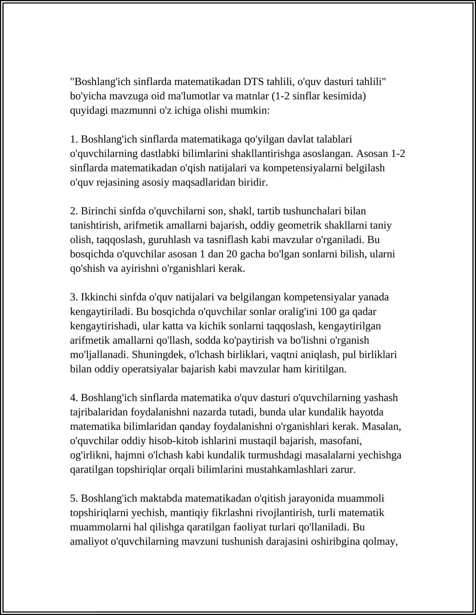 BOSHLANG'ICH SINFLARDA MATEMATIKADAN DTS TAHLILI. O'QUV DASTURI TAHLILI. (1-, 2-SINFLAR KESIMIDA) 4