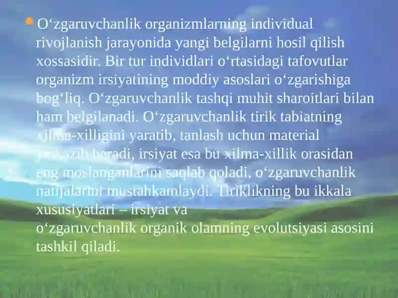 Irsiyat va o’zgaruvchanlik- tiri organizmlarning muxim hususiyatlari. Irsiyatning  xromosoma nazariyasi. Jins genetikasi. Jins bilan bog’liq nasillanish. 4