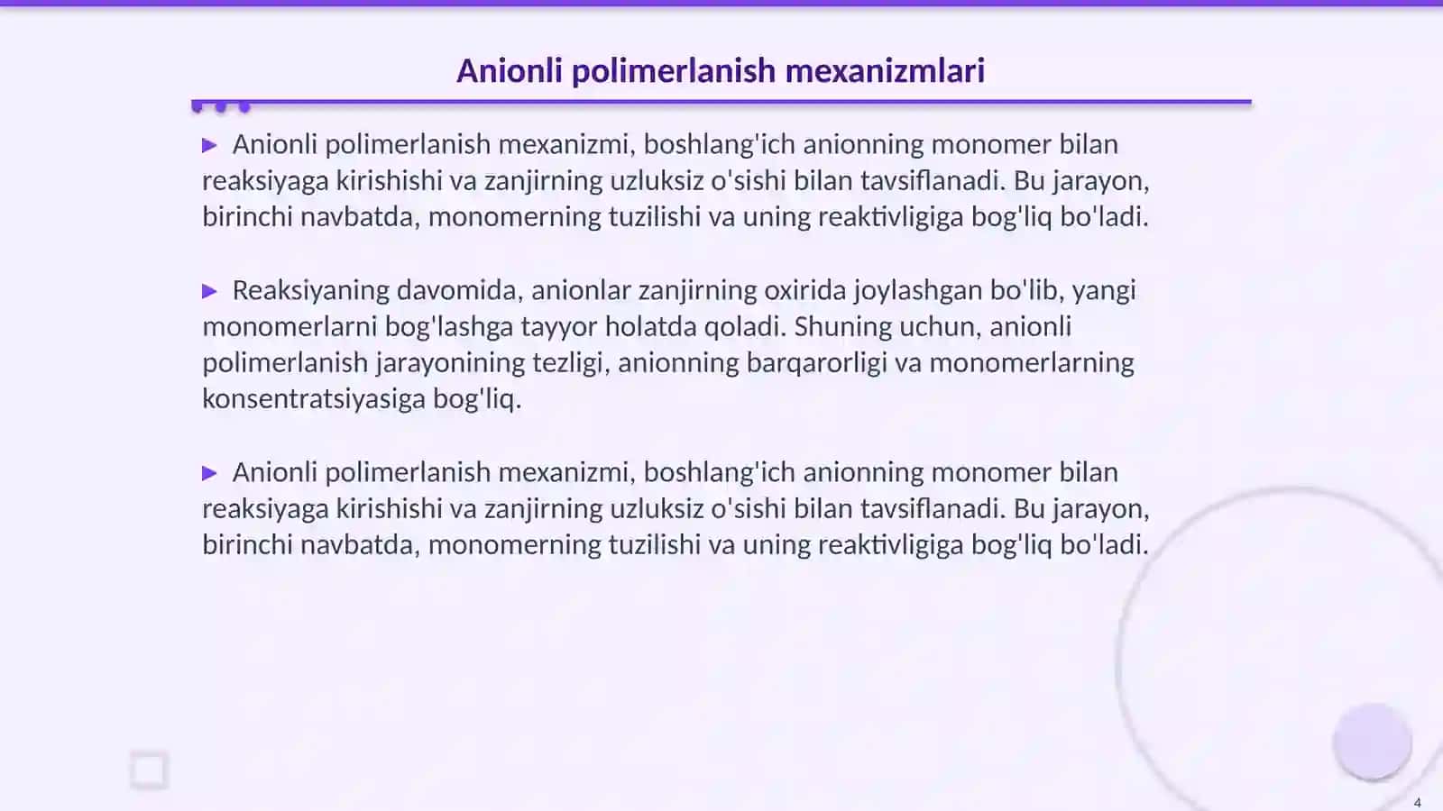 Anionli polimerlanish reaksiyalari va ularning o'ziga xos hususiyatlari 4