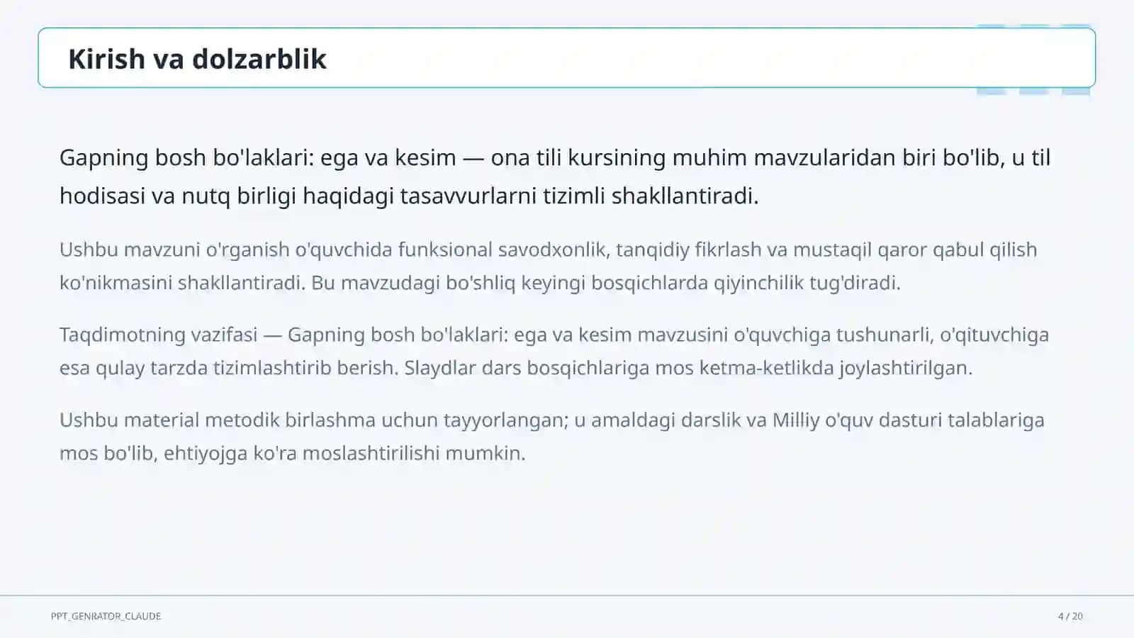 Gapning bosh bo'laklari: ega va kesim (8-sinf) 4