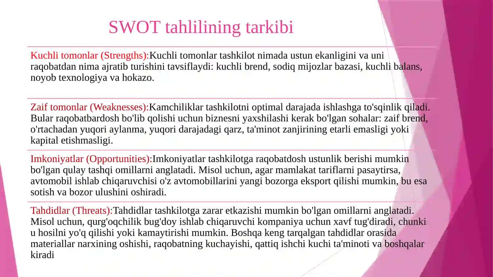 Mijoz bilan ish yuritishda swot tahlilining xususiyatlari 4