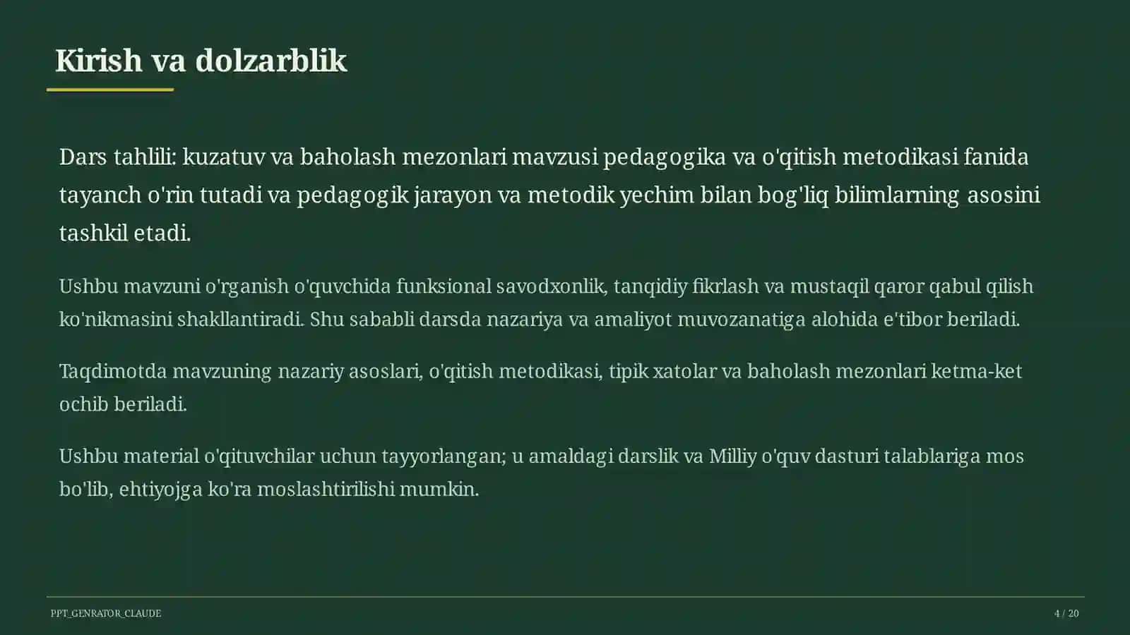 Dars tahlili: kuzatuv va baholash mezonlari 4