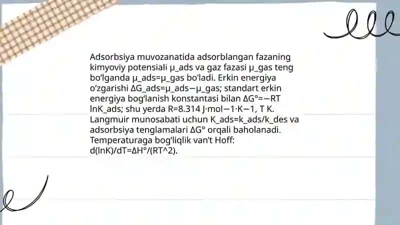 Adsorbsiya qonunyatlari termodinamikada 4
