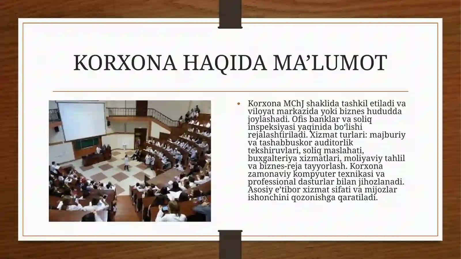 (100 millionlik Loyiha ishi ) Biznes reja: Auditorlik tashkiloti va axborot-maslahat xizmatlarini ko‘rsatuvchi sub’yekt faoliyatini tashkil etish 4
