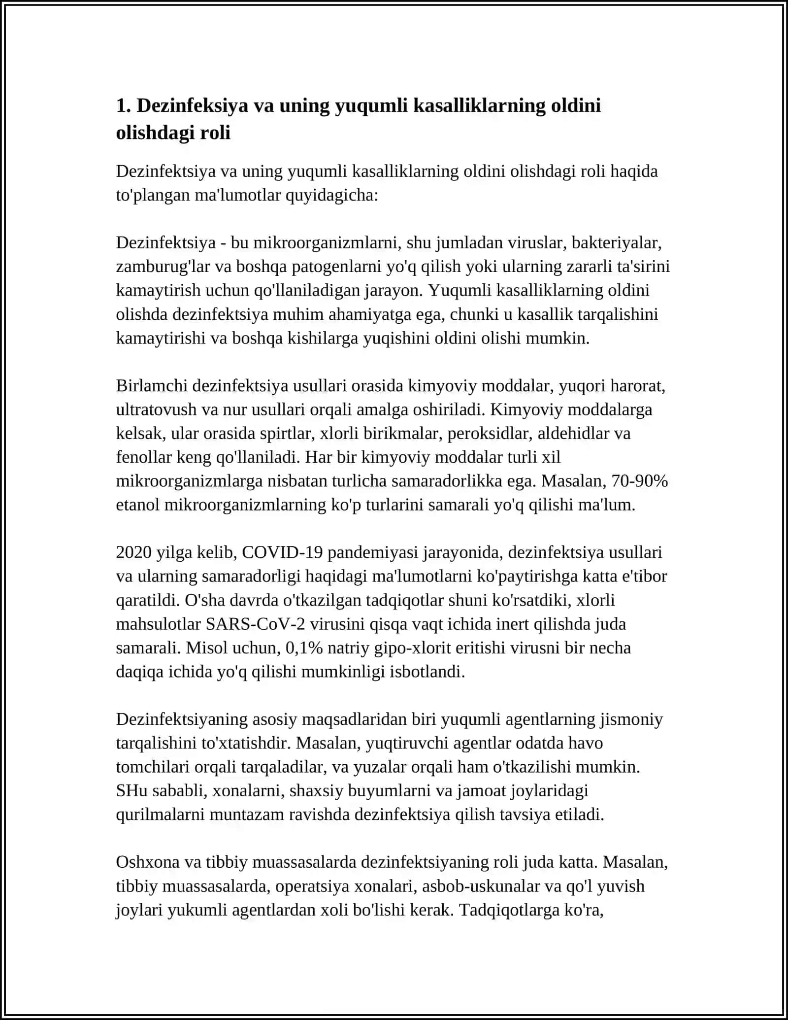 DEZINFEKSIYA, DEZINSEKSIYA, DERATIZATSIYA VA STERILIZATSIYANING YUQUMLI KASALLIKLAR PROFILAKTIKASIDA TUTGAN OʻRNI 4