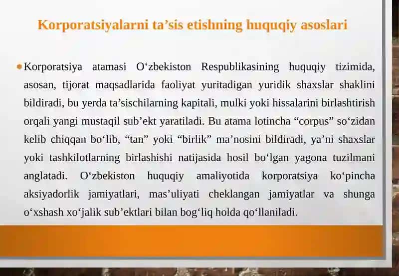 Korporatsiyalarni ta'sis etish va rivojlantirish 4