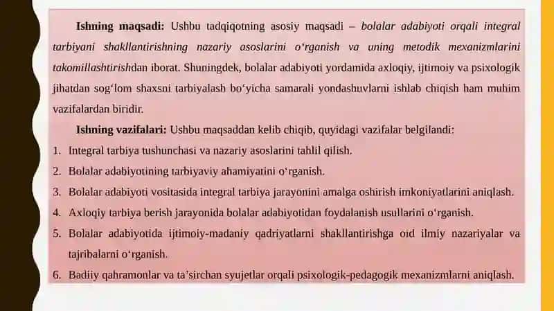 BOLALAR ADABIYOTI VOSITASIDA INTEGRAL TARBIYANI YO‘LGA QO‘YISHNING MEDOTIK MEXANIZMINI TAKOMILLASHTIRISH 4