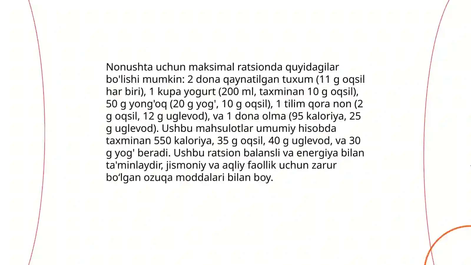 Reja: 10 yoshgacha bo'lgan bolalar uchun haftalik ovqat ratsiyonida e'tiborga olinishi kerak bo'lgan mahsulotlar va ovqatlanish rejimi 4
