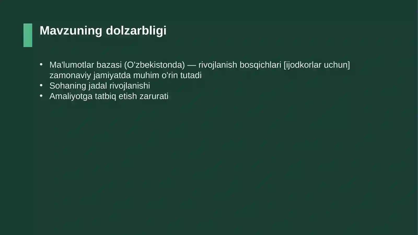 Ma'lumotlar bazasi (O'zbekistonda) — rivojlanish bosqichlari [ijodkorlar uchun] 4