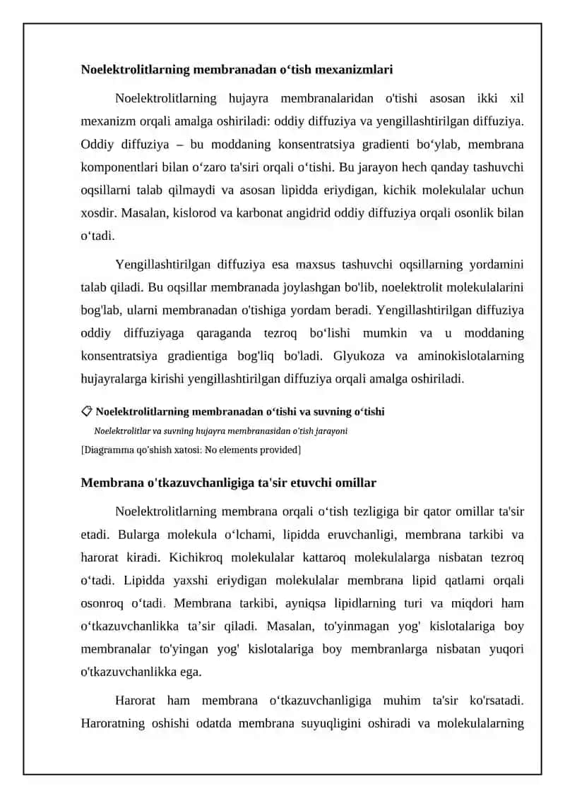Noelektrolitlarning transporti; suvning membranadan o‘tishi 4