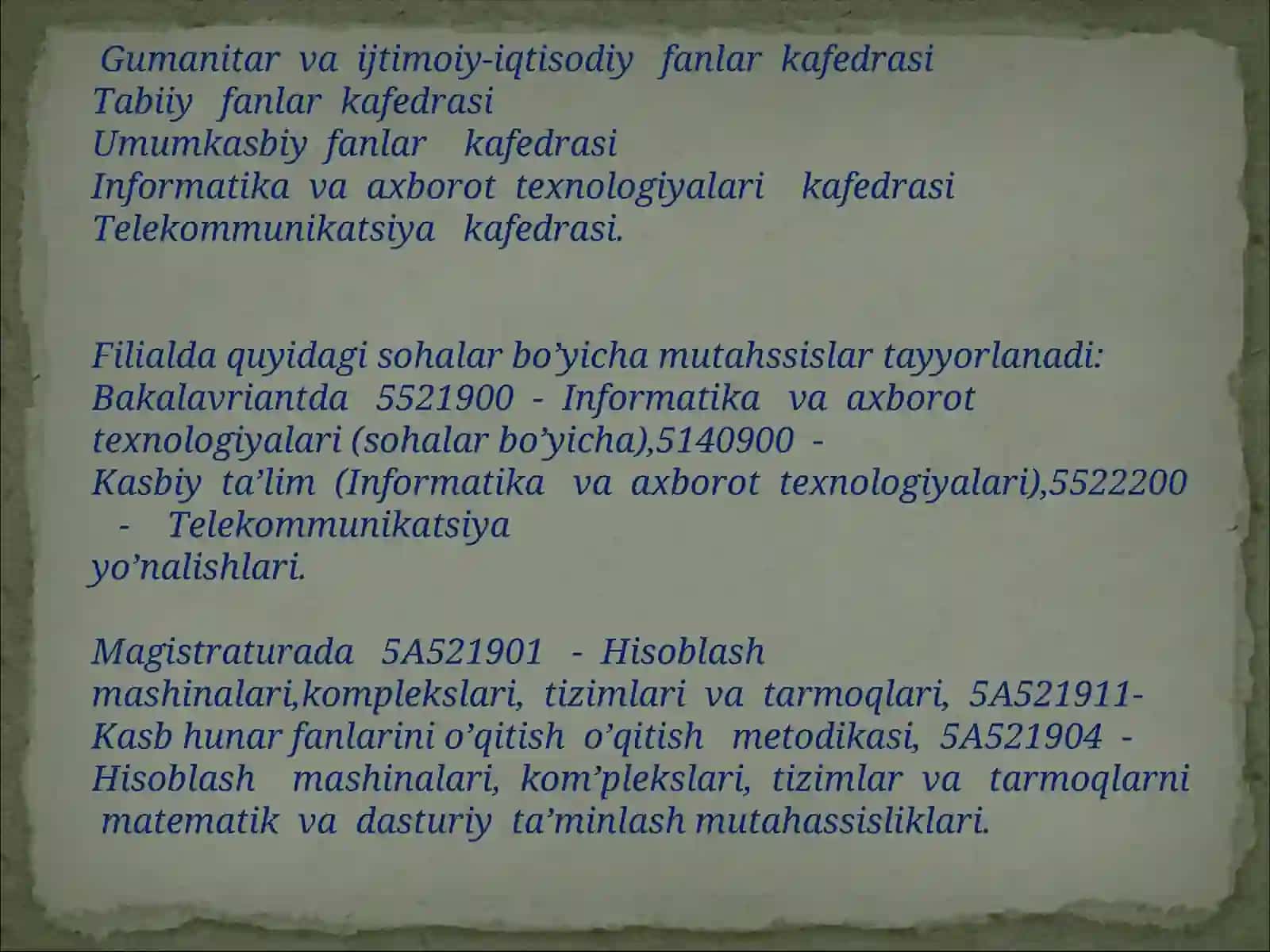 INFORMATIKA fanidan TATU Farg’ona Filiali 4