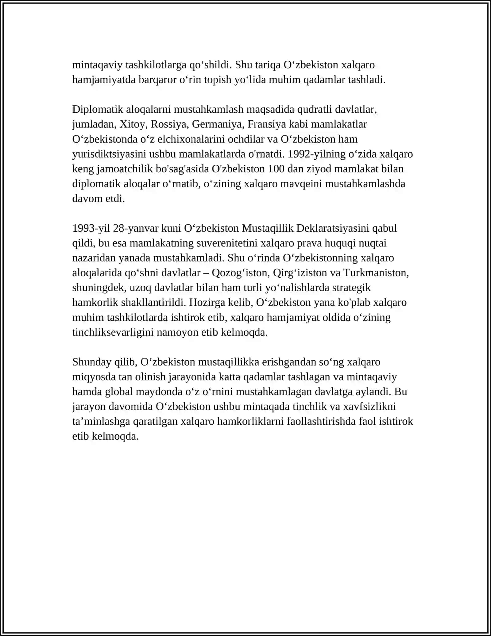 MUSTAQILLIK YILLARIDA OʻZBEKISTON TINCHLIKSEVAR BUTUN HAMJAMIYATI TOMONIDAN TAN OLINISHI 4