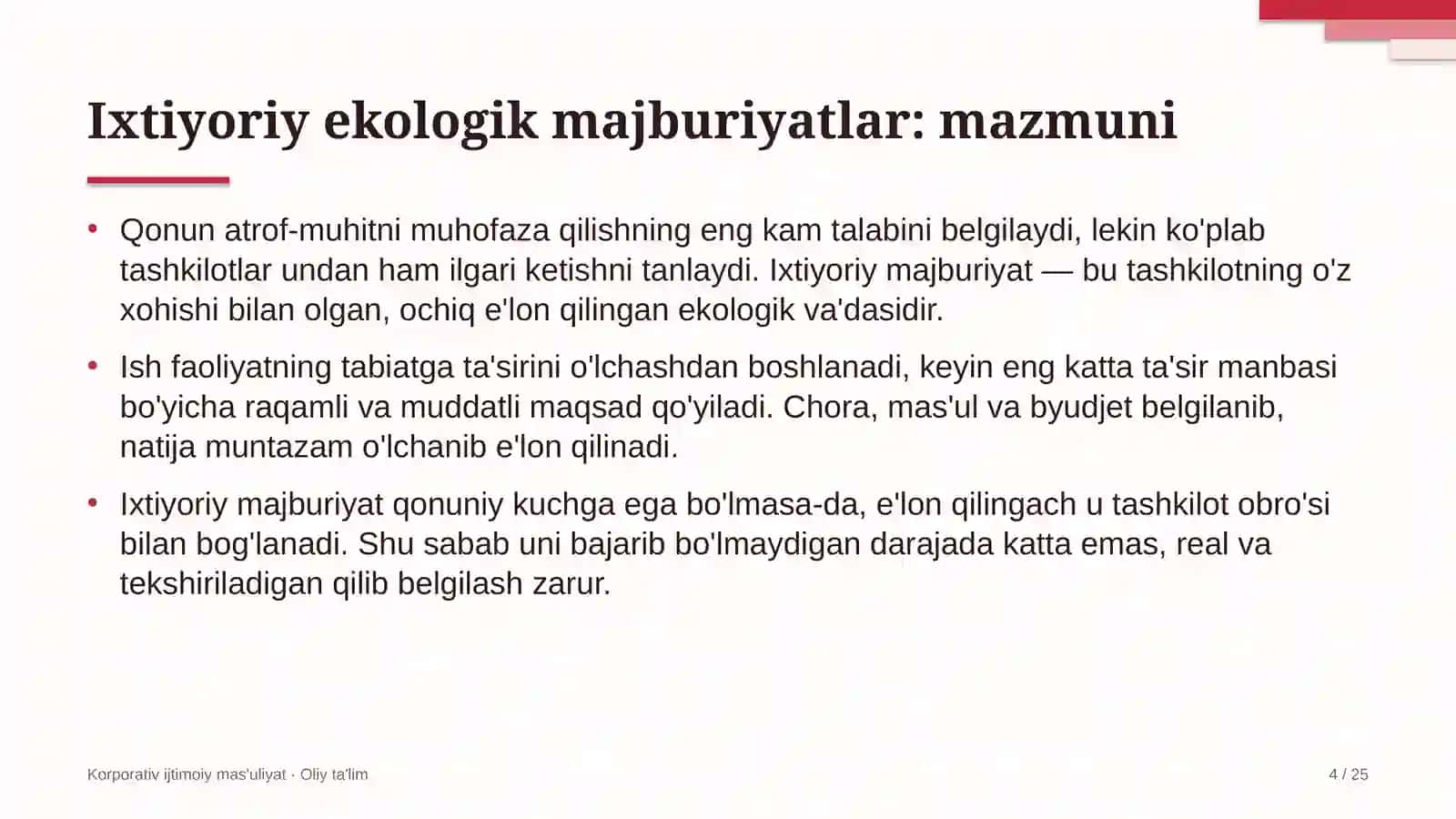 Filarmoniyalarda atrof-muhitni muhofaza qilish bo'yicha ixtiyoriy majburiyatlarni qabul qilish 4