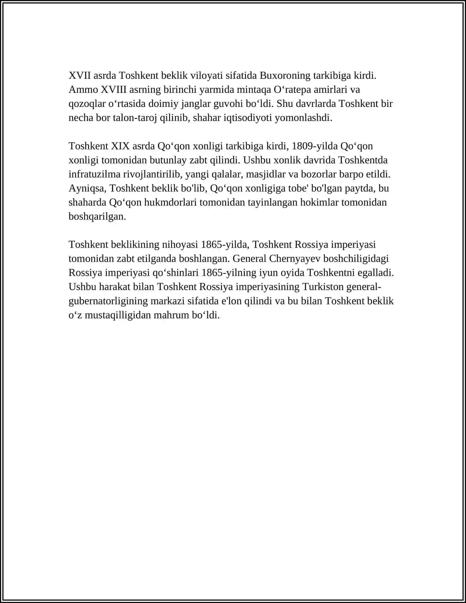 TOSHKENT BEKLIGI VA UNING QO'SHNI DAVLATLAR BILAN MUNOSABATLARI, TOSHKENT BEKLIGINING QADIMIY KO'RINISHI REFERAT 4