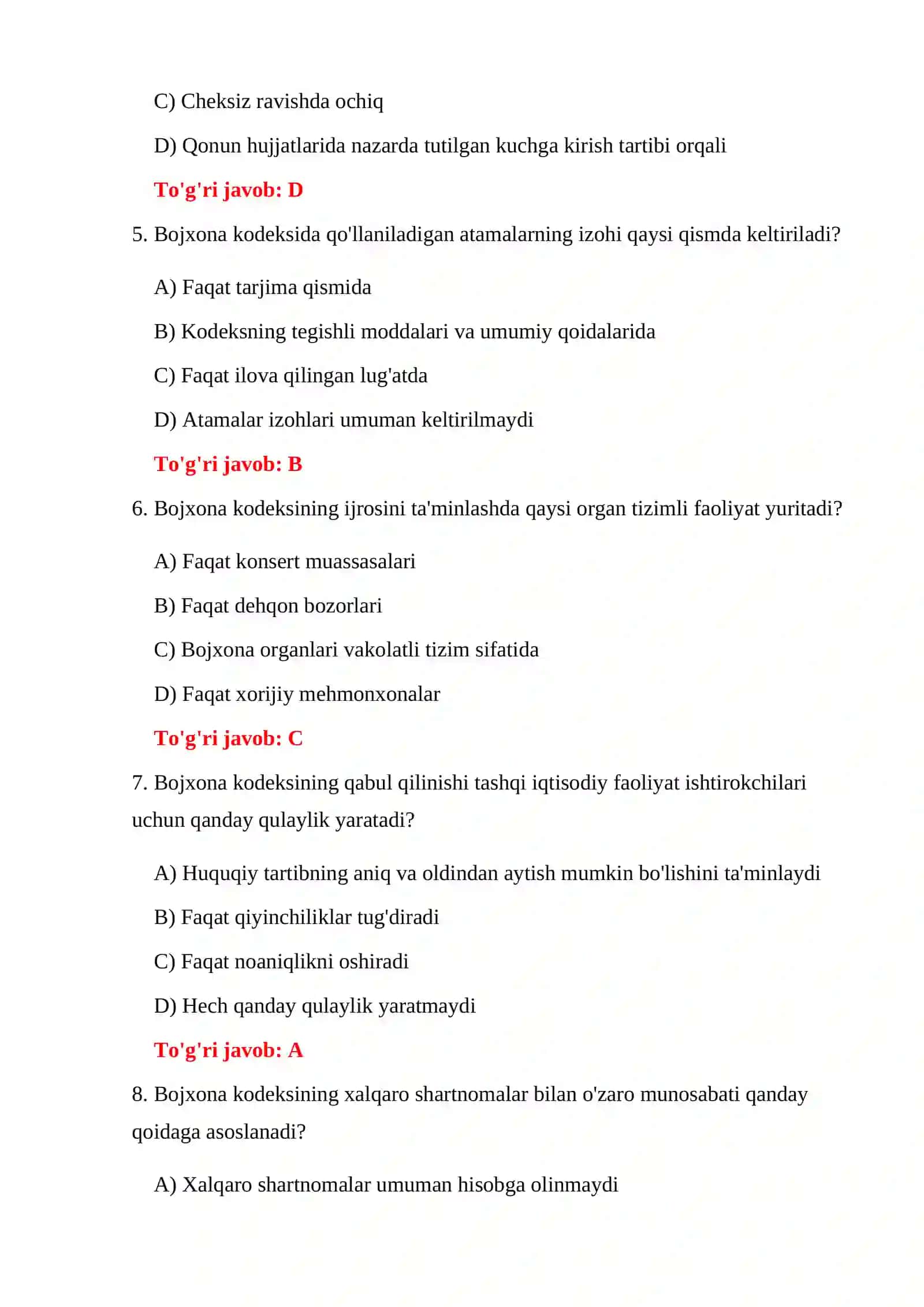 BOJXONA QONUNCHILIGI 300 TA TEST 4