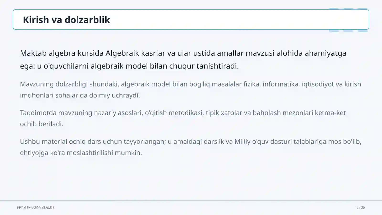 Algebraik kasrlar va ular ustida amallar (8-sinf) 4