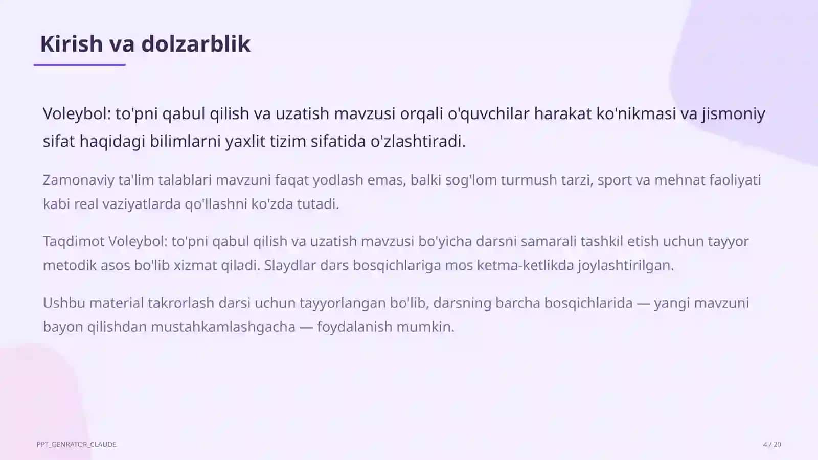 Voleybol: to'pni qabul qilish va uzatish (5-sinf) 4