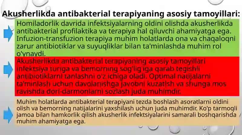 Akusherlikda antibakterial profilaktika va antibakterial terapiya . Akusherlikdagi kritik holatlarda  infuzion - transfuzion terapiya  tamoyillari. 4