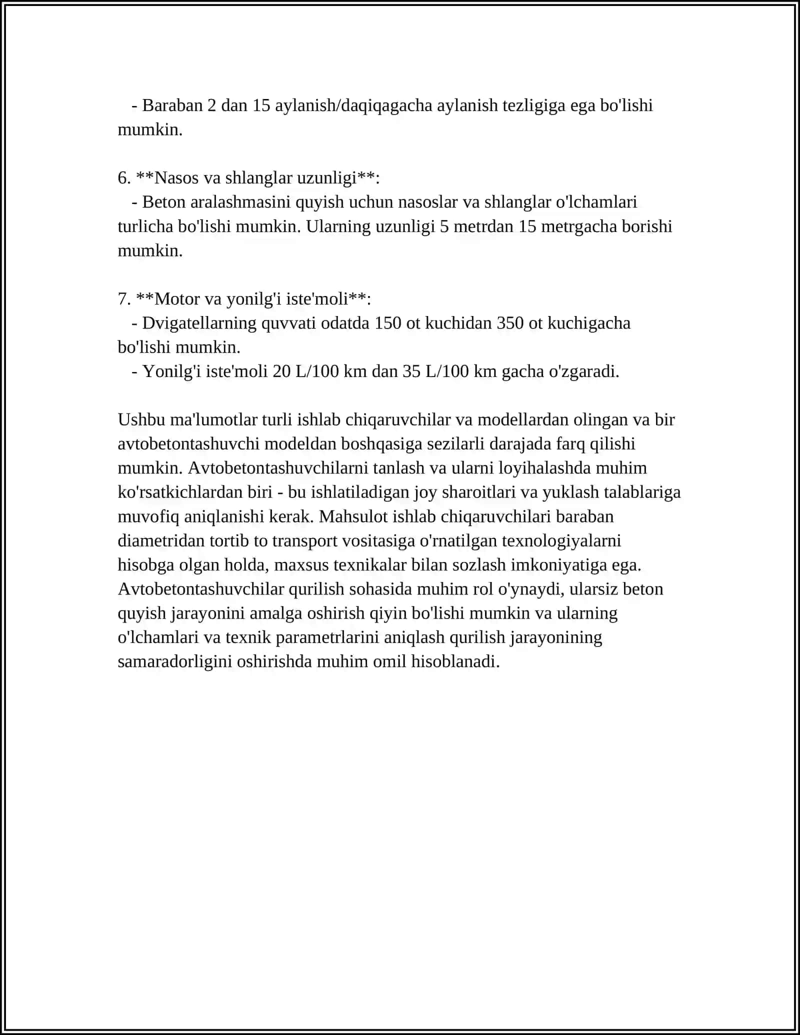 AVTOBETONTASHUVCHILAR, QORISHTIRGICHLARNING ASOSIY PARAMETRLARI 4