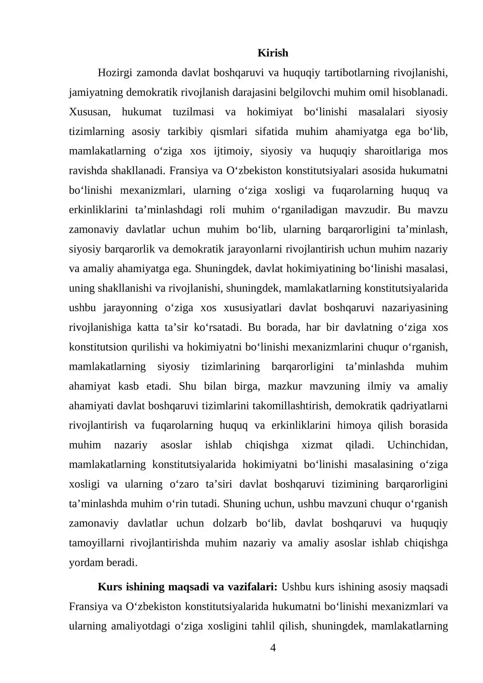 KURS ISHI: Fransiya kanstitutsiyasi va O'zbekiston kanstitutsiyasidi hokimyatni bo'linishi 4