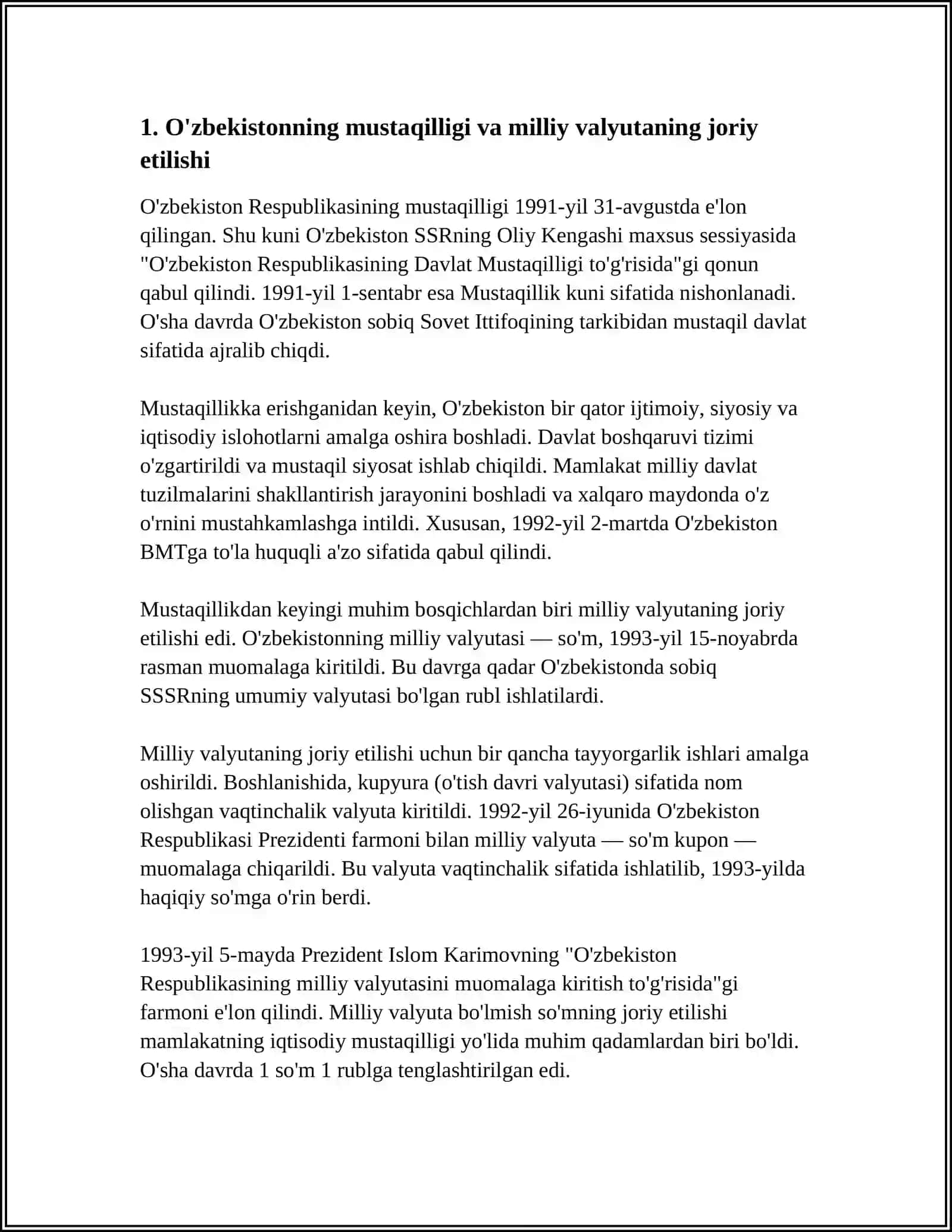 MUSTAQIL ISH Mavzu: O‘ZBEKISTONDA MILLIY VALYUTA - SO‘MNING MUOMALAGA KIRITILISHI VA UNING BARQARORLIGINI MUSTAHKAMLASH YO‘NALISHLARI 4