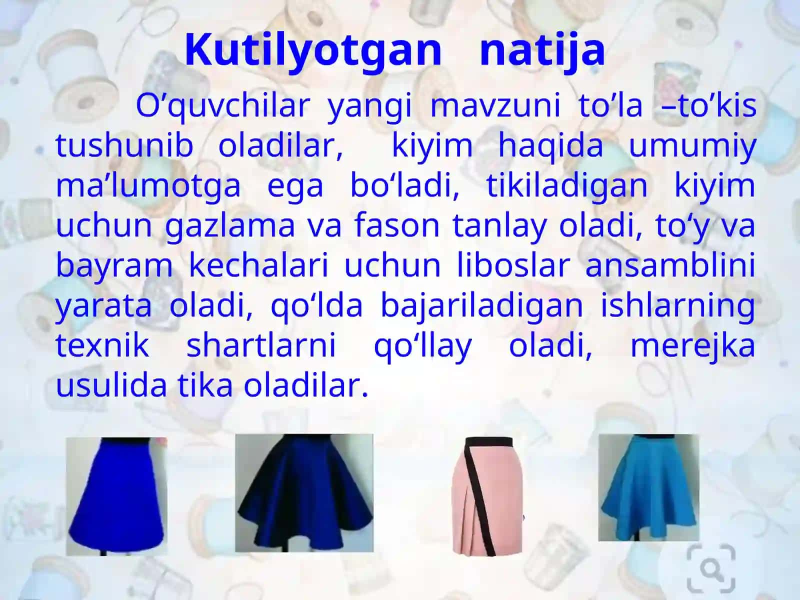 6-sinf Texnologiya fanidan Yubkani birinchi kiydirib ko'rish, so'ng kamchiliklarini tuzatish dars ishlanma 4