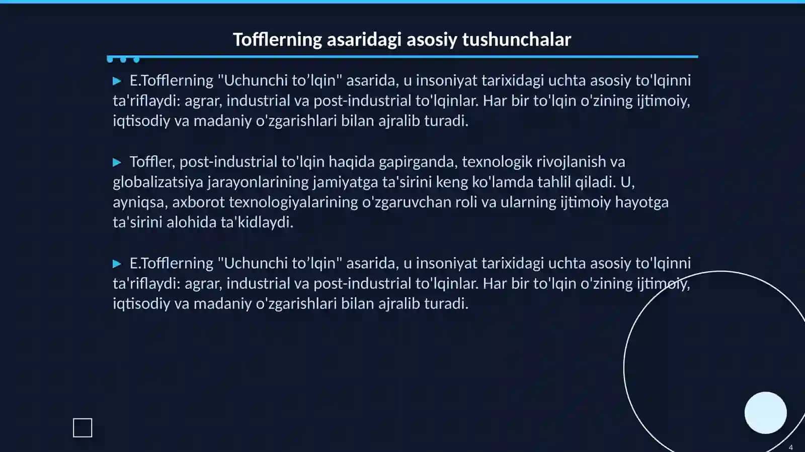 Avloniyning "Madaniyot toʼlqinlari" maqolasi va E.Tofflerning "uchunchi toʼlqin "asarini qiyosiy tahlil etish 4