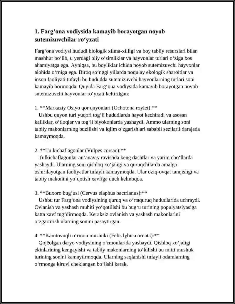 FARGʻONA VODIYSI HUDUDA KAMAYIB VA YOʻQOLIB BORAYOTGAN NOYOB SUTEMIZUVCHI HAYVONLARNI XILMA XILLIGI 4